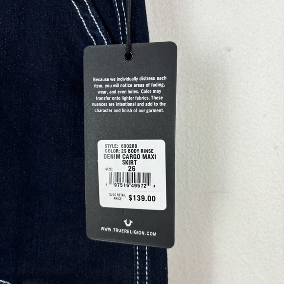 NWT True Religion Dark Wash Contrast Stitch Denim Cargo Slitted Maxi Skirt Sz 26 - Picture 7 of 11